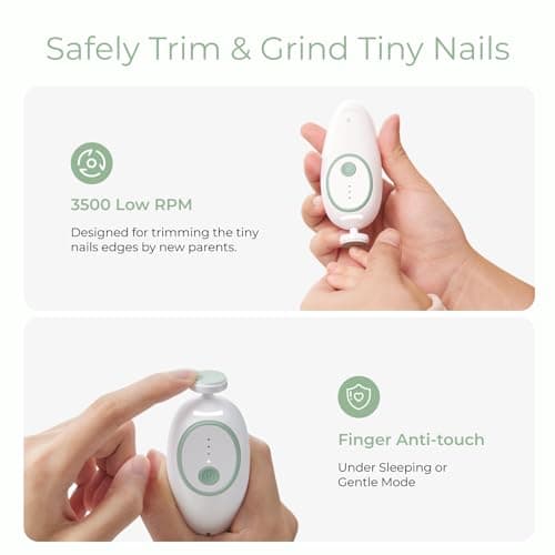 Momcozy Baby Nail File Electric, Gentle Baby Nail Trimmer Electric, Baby Nail Clipper with Night Light, 7 Grinding Head Replacement Pads, Green — view 3