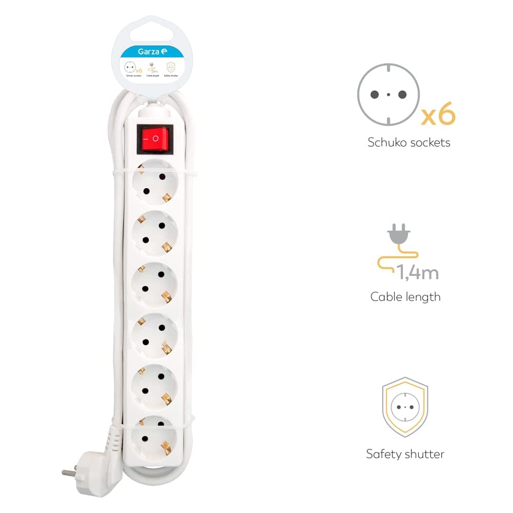 Garza Power - Regleta de 6 enchufes con Interruptor y Toma de Tierra | Ladrón múltiple de 1.4 Metros | hasta 3680W | Protección Infantil |Cable H05W-F 3G | Color Blanco — view 3