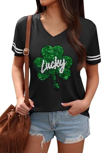 ALIREVERIE St Patricks Day Womens Short Sleeve Crewneck Lucky Clover Graphic Casual Holiday T Shirt Black M