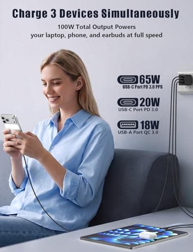 Susnwere 100W USB C Charger Block, 3-Port USB C & USB A Fast Charging Block Multiport PD+QC Technology for All iPhone 17 16 15 iPad Samsung S26 Ultra S25 S24 S23 iWatch Android Phones Pixel Series — view 2