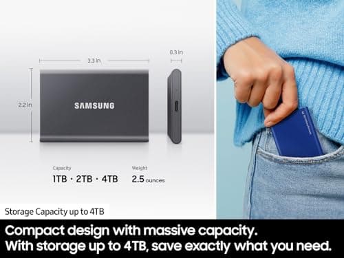 Samsung T7 Portable SSD, 1TB External Solid State Drive, Speeds Up to 1,050MB/s, USB 3.2 Gen 2, Reliable Storage for Gaming, Students, Professionals, MU-PC1T0T/AM, Gray — view 3