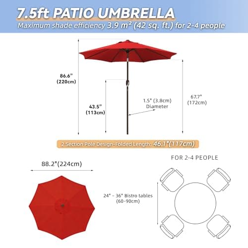 SANGMUCEN 7.5ft Patio Umbrella - 8 Sturdy Ribs Outdoor Umbrella with 30° Dual-Tilt, UPF 50+ UV Protective Waterproof Market Parasol de Patio for Garden, Pool, Balcony & Bistro Tables, Red HPU075R — view 9