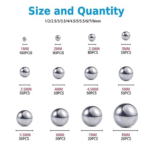 Breezliy 304 Stainless Steel Ball 620Pcs 1-8mm Metric Precision Assorted Loose Bicycle Bearing Steel Ball Assortment Kit（12 Sizes） — view 3
