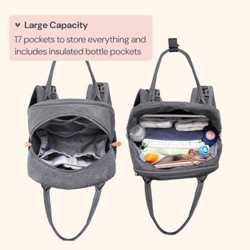BabbleRoo Diaper Bag Backpack - Baby Essentials Travel Tote - Multi Function Water Resistant Diaper Bag, Travel Essentials Baby Bag with Changing Pad, Stroller Straps & Pacifier Case - Dark Gray — view 2