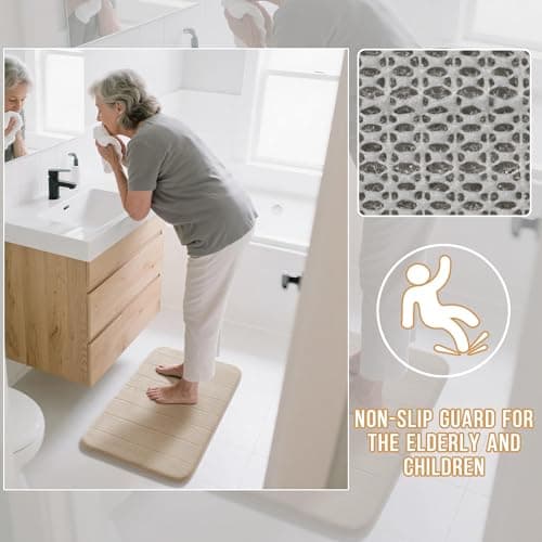 Yimobra Memory Foam Bath Mat Large Size 44 x 24 Inches, Comfortable, Soft, Super Water Absorption, Machine Wash, Non-Slip, Thick, Easier to Dry for Bathroom Floor Rug, Beige — view 4