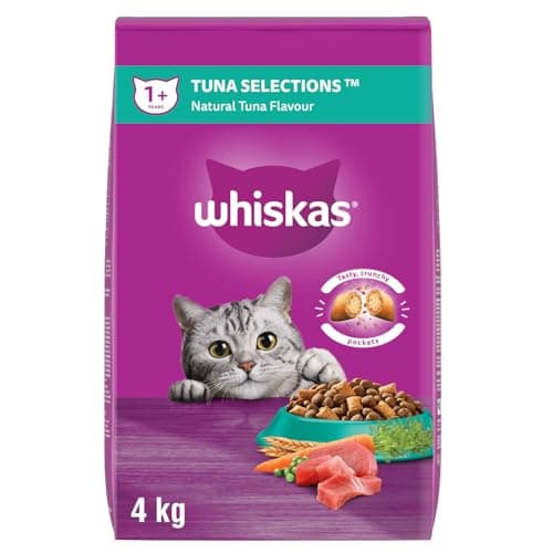 WHISKAS Adult Dry Cat Food, Tuna Selections, 4kg Bag, For Cats 1 Year & Older, High Quality Protein, 100% Complete & Balanced Cat Food, No Artificial Colours or Flavours