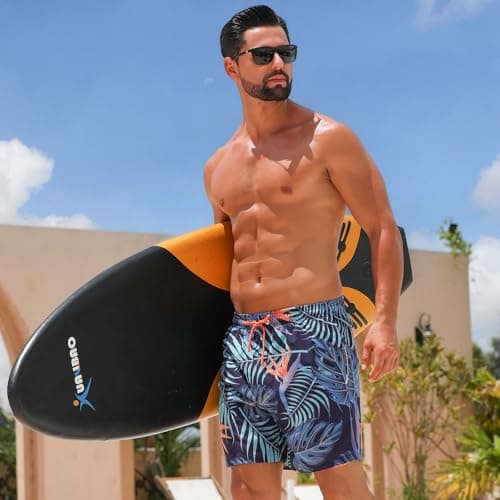 ELETOP Mens Swim Trunks with Compression Liner 5.5" Swim Shorts 2 in 1 Quick Dry Beach Shorts with Zipper Pockets Blue Yellow Palm Leaf M