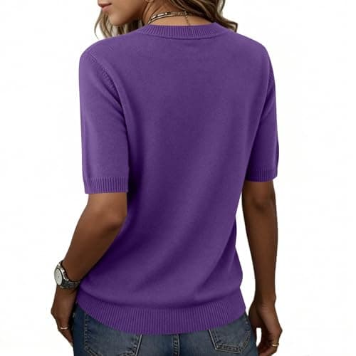 Elbow Sleeve Tops Women Loose Fit Cashmere Sweaters Crew Neck T Shirts Dressy Lightweight Half Sleeve Spring Blouses Purples X-Large — view 4