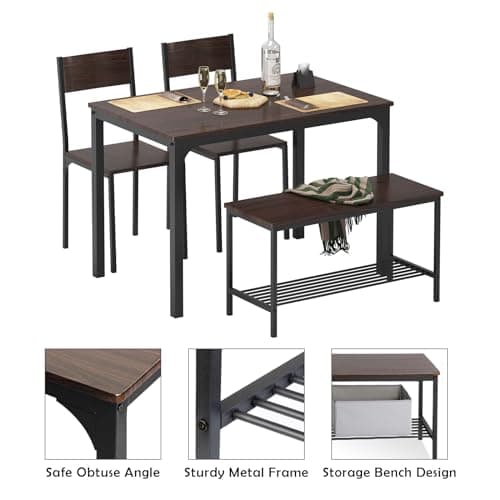 SDHYL Dining Table Set for 4 with Two Chairs and One Bench 4 Pieces Set Wooden Table Top with Metal Legs for Breakfast in Living Room, Kitchen Room, Dining Room,Space Saving Kitchen Table Set — view 3