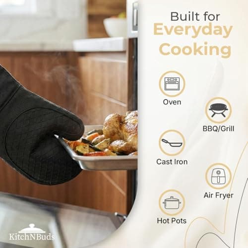 Kitch N Buds Oven Mitts, Extra-Long 15 in (38 cm), Black, Non-Slip Silicone Grip, Heat Resistant up to 500°F, Soft Cotton Lining — view 4