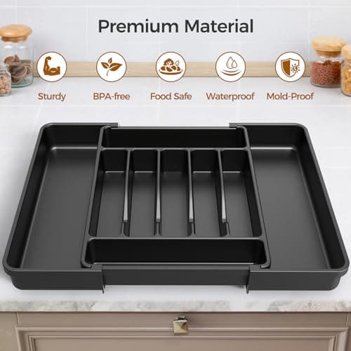 ukeetap Extra Large Expandable Silverware Organizer, BPA-Free Food-Safe Cutlery Flatware Organizer, Kitchen Utensil Drawer Organizer, Adjustable Silverware Holder for Spoons Forks Knives, Black — view 3
