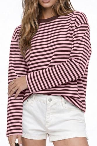 CHYRII Women Oversized Striped Long Sleeve T Shirts Fashion Casual Fall Spring 2026 Y2K Tops (Pink+Coffee M) — view 4