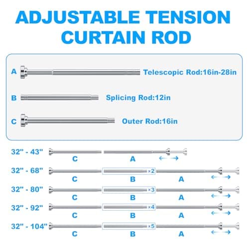 TEECK Shower Curtain Rod, 32-80 inch Adjustable Spring Tension Curtain Rod, Never Rust Anti-Slip Shower Curtain Rod for Bathroom, No Drilling, Never Collapse, Easy to Use, Silver — view 6