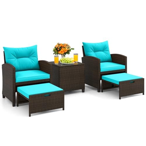 KOTEK 5 Pieces Patio Furniture Set with Ottomans, Wicker Patio Conversation Set with Coffee Table & Cushions, PE Rattan Outdoor Lounge Chairs for Backyard, Porch, Poolside (Mix Brown- Turquoise)
