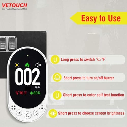 VETOUCH Carbon Monoxide Detector Plug in, Portable Carbon Monoxide Detectors, Simultaneously Checks Temperature/Humidity, Alarm Function,Clear LCD Display,for Home Kitchen RV Travel CO Detector — view 3