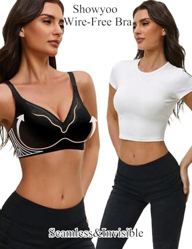 Showyoo Women Jelly Bras No Underwire Seamless Bralettes Comfort Wireless Bra V Neck Full Coverage T Shirt Brassiere Black L — view 3