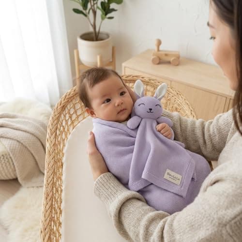 Bleu La La Baby Gift Set - Organic Cotton Newborn Blanket and Lovey Security Blanket Set, Thoughtful Baby Shower & New Baby Gift for Boys & Girls (10 - Lovey - Bunny - Lavender) — view 2