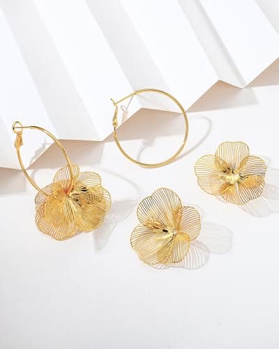 FAUTHENTICUTE Gold Flower Dangle Earrings for Women Big Lightweight Floral Statement Earrings With Thin Gold Hoop Trendy Boho Jewelry Gifts For Spring and Summer — view 3