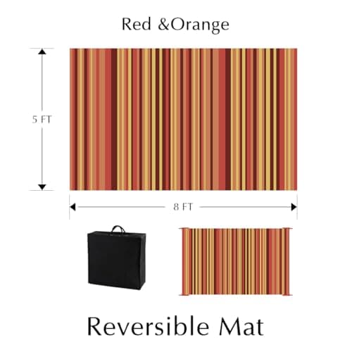 WondRg Outdoor Rug Patio Mat 5x8 Waterproof Plastic Straw Red Orange Stripe Tapis Exterieur for Camping Picnic Deck Washable Outside Carpet Balcony Backyard Porch RV Portable Reversible Lightweight