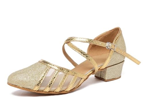Minishion Women's T-Strap Dance Heels Glitter Salsa Ballroom Shoes Wedding Party Pumps, L2044 Gold 3.5cm Heel, 11