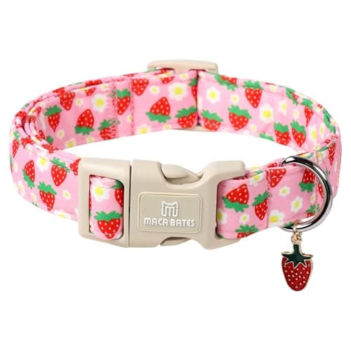 Maca Bates Pink Strawberry Basic Dog Collar for Medium Girl Boy Dogs with Cute Strawberry Charm,Strawberries Pattern, Adjustable Durable Soft Blueberry Birthday Gift Collars for Male Female Puppy