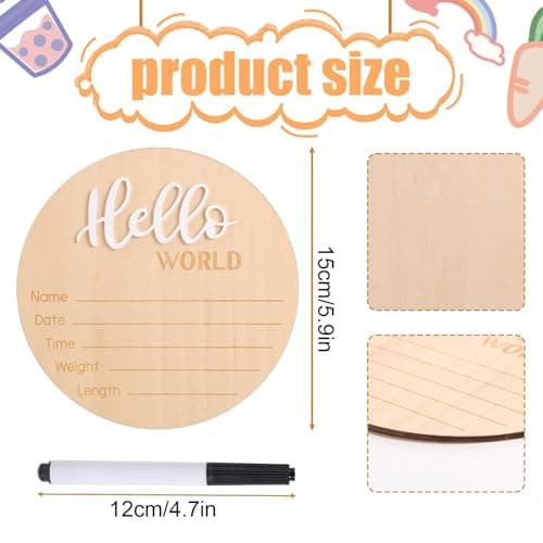 Newborn Announcement Sign with Pen, 5.9in Wooden Hello World Baby Welcome Sign for Newborn Boys and Girls Photo Props Baby Shower Hospital Nursery (White)