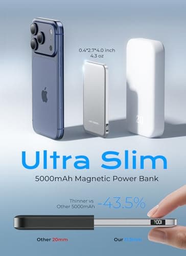 Aobbow Magnetic Portable Charger, 5000mAh Ultra Slim Power Bank with LED Display, 15W Fast Charging Battery Pack, MagSafe-Compatible Charger for iPhone 17/16/15 and AirPods - Titanium Gray