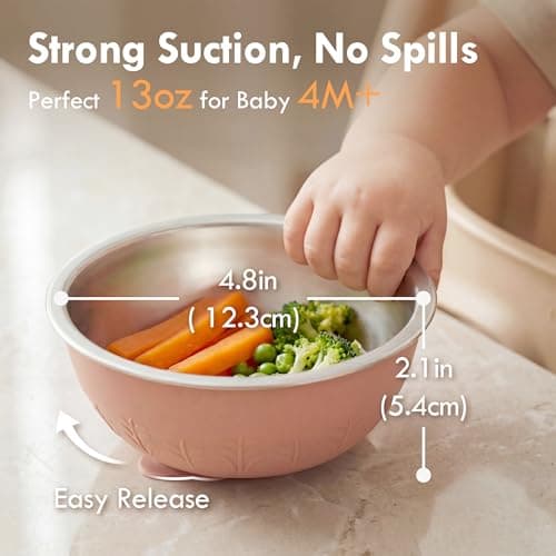 Moonkie Baby Bowls with Suction, Stainless Steel & Silicone Toddler Bowls with Lids, Seamless One-Piece Design Silicone Bowls for Babies 4 Months+, 13oz, BPA-Free, Lead-Free, Dishwasher Safe, 2 Pack