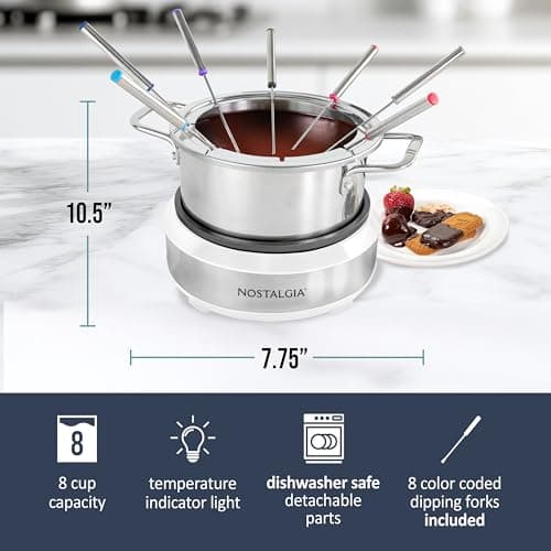 Nostalgia 8-Cup Electric Fondue Pot Set for Cheese & Chocolate - 8 Color-Coded Forks, Temperature Control - Kitchen Gadgets and Appliances for Hors d'Oeuvres and More - White — view 3