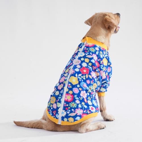 LovinPet Large Dog Winter Flannel Coat, Warm Dog Coat with Front Sleeves and Back Zipper, Easy-Care Full-Coverage Layer for Cold Weather, Happy Packed Floral Blue Prints, XXL — view 7