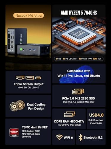 GMKtec Gaming Mini PC Ryzen 7640HS (Beats 6800H/6800U) 16GB DDR5 512GB NVMe SSD Dual NIC LAN 2.5GbE /WiFi 6E BT5.2 /USB4 Desktop Computers Office Home M6 Ultra