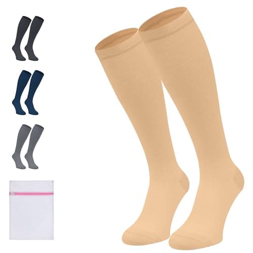 360 RELIEF 2 Pairs Compression Socks for Women & Men - 15-20 mmHg Travel Flight Socks – Graduated Support - Ideal for Running, Cycling & during Maternity, S/M, Beige + Laundry Bag