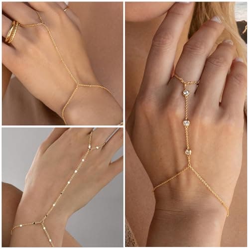 3PCS 14K Gold-Plated Hand Chain Bracelets for Women, Stack Bracelets Set Adjustable, Dainty Ring Bracelet Hand Chain — view 4