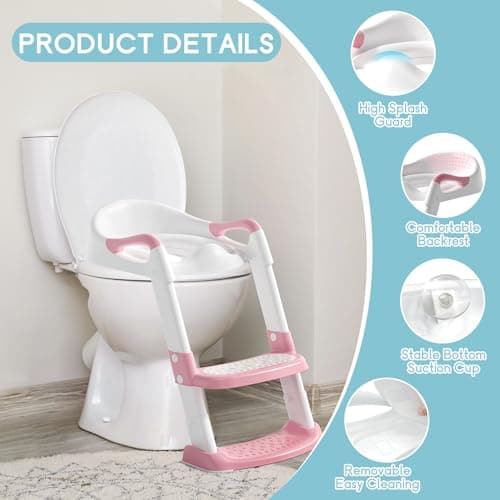 COOSEYA Potty Training Toilet with Step Stool Ladder, Toddler Kids Potty Training Seat for Boys Girls, Foldable Non-Slip Toilet Toddler Seat Splash Guard Soft Cushion Safety Handles (Pink)