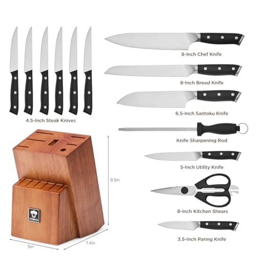 14 PCS Knife Set with Oak Wood Block,High Carbon Stainless Steel Kitchen Knife Set with Chef Knife, Santoku, Bread, Paring,Steak Knives, Kitchen Shears Sharp Knife Block Set with Sharpener — view 2