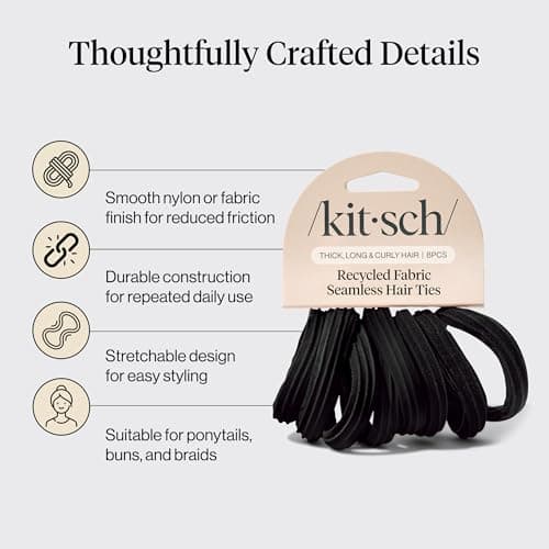 Kitsch Seamless Hair Ties No Damage - Stretchable Hair Bands for Strong All-Day Hold, Ponytail Holders | Hair Accessories for Girls - Black 8 Pcs — view 3