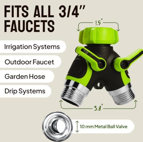 2 Way Hose Splitter Heavy Duty - Metal Y Garden Hose Splitter with Shutoff Valves, Brass Outdoor Faucet Adapter for Spigot, 3/4 Inch GHT Water Hose Connector - Green — view 5