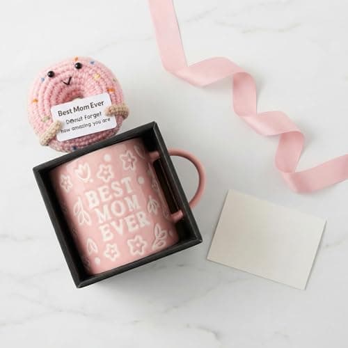 KyreDino Mothers Day Gifts, Best Mom Ever Gifts for Mom from Daughter, Pink Floral Embossed Pattern Mother's Day Mug and Handmade Donut Crochet Gifts Set — view 5