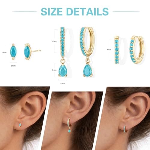 GoldGifts Turquoise Earrings - Western Beachy Boho Jewelry Gift, Hypoallergenic 14K Gold Plated Small Huggie Hoop Set for Women, Dainty Lightweight Trendy Stack Dangle Studs for Cartilage Helix — view 4