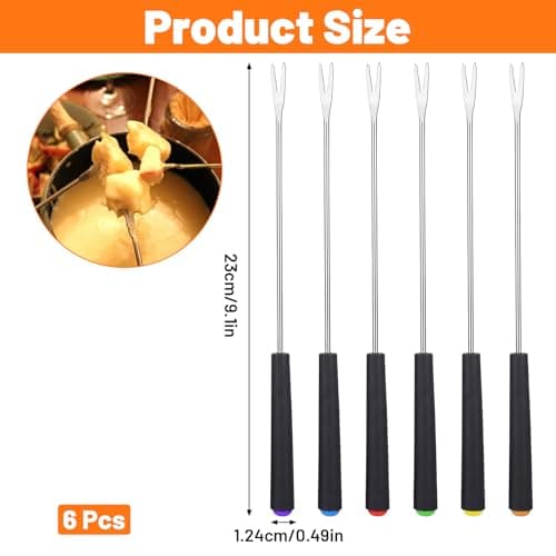 6Pcs Fondue Forks, Stainless Steel 9.1" Fondue Sticks with Heat Resistant Handle Colorful Fondue Skewers Accessories for Chocolate Fountain Cheese Fondue Grill Cake Meat Fruits Marshmallows