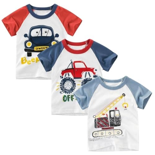 Winzik Boys Shirt Toddler Shirts Kids Boys’ Short Sleeve 3-Pack Crewneck Excavator T-Shirt Summer Clothes 18M-8Y(3-4T, Car Truck Crane)