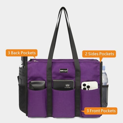 TOPDesign Utility Water Resistant Tote Bag with 13 Pockets, Top Zipper Closure & Thick Bottom Support, for Working Women, Purple, Large, Classic — view 2