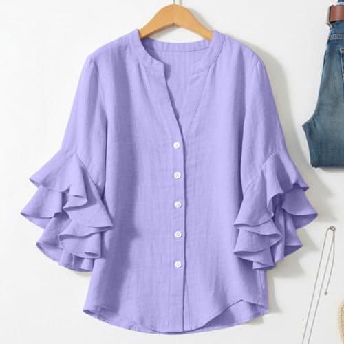 3/4 Ruffle Sleeve Cotton Linen Shirts for Women Dressy V Neck Beach Tunic Tops Elegant Summer Casual Work Blouses Purple — view 6