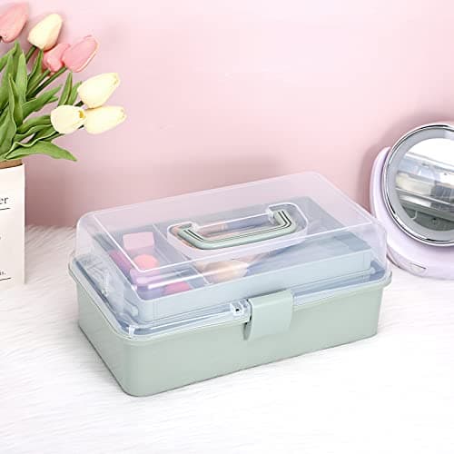 BTSKY 3-Layer Plastic Dividing Storage Box Craft Organizer and Storage with Adjustable Spacers Portable Handled Art Supply Organizer Multipurpose Home Utility Box for Medicine Sewing(Haze Green) — view 6