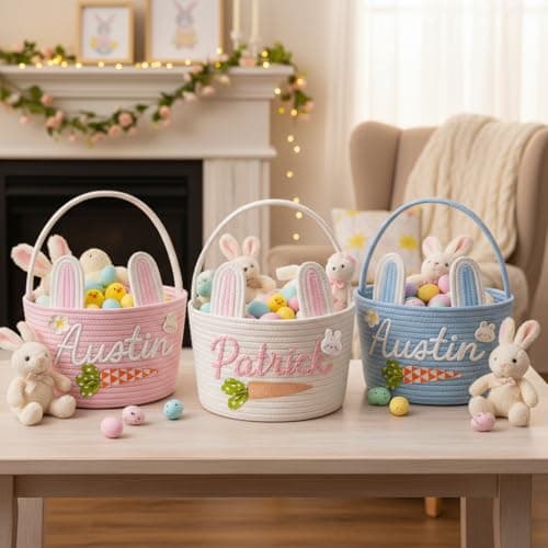 Dyoart Personalized Easter Baskets, Custom Name & Icon Easter Basket with Cute Ears, Hand-Woven Easter Egg Hunt Bag, Customized Easter Gifts Decor for Boys Girls, Cotton Rope Tote Color01 — view 2
