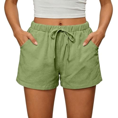 Summer Shorts for Women 2026 Trendy Elastic High Waisted Casual Linen Shorts with Pockets Lightweight Cute Beach Vacation Outfits Loose Comfy Lounge Drawstring Short Pants — view 4