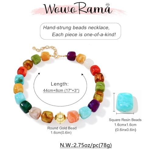 WOWORAMA Colorful Beaded Necklace for Women Trendy Colored Chunky Statement Necklaces Boho Large Square Resin Beads Choker Necklace Y2K Summer Jewelry — view 5