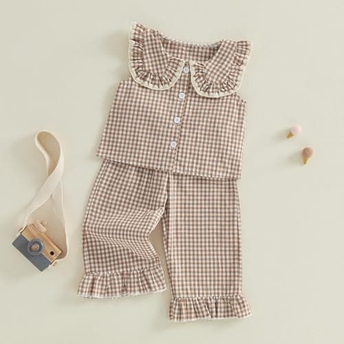 Toddler Baby Girl Clothes Summer Outfit Plaid Gingham Short Sleeve Shirt Sleeveless Tank Tops Pants Set (A6 Khaki, 2-3T) — view 5