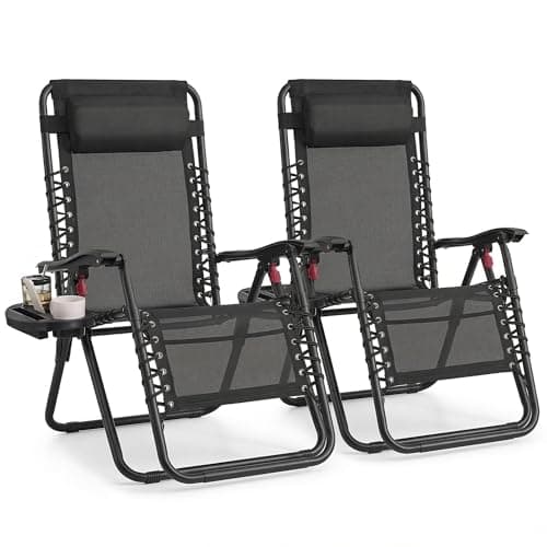 SONGMICS Set of 2 Zero Gravity Chairs, Folding Sun Loungers with Tray, Adjustable Headrest, for Patio, Garden, Max. Load 110 kg Each, Black UGLB032BZ02