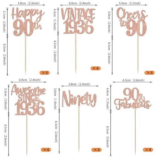 ZHUOWEISM 24 PCS Happy 90th Birthday Cupcake Toppers Glitter Ninety 90 Fabulous Vintage 1936 Cupcake Picks for Cheers to 90 Years 90th Birthday Wedding Anniversary Party Cake Decorations Rose Gold